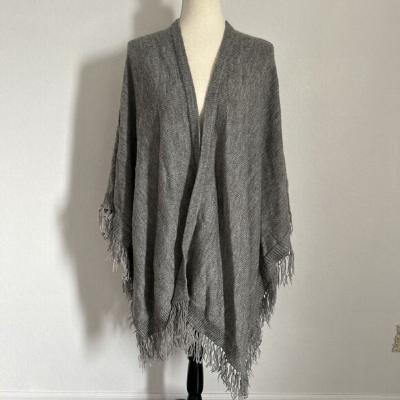 Alpaca Warehouse Accessories - Alpaca Warehouse Shawl Grey Knit Fringed Wrap/Cape Neutral Boho Made in Peru OS
